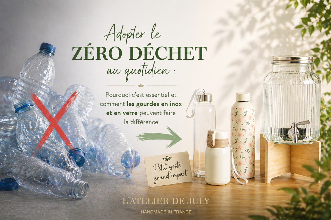 Transition du plastique jetable vers des gourdes réutilisables en inox et en verre pour un mode de vie zéro déchet - L'Atelier de July