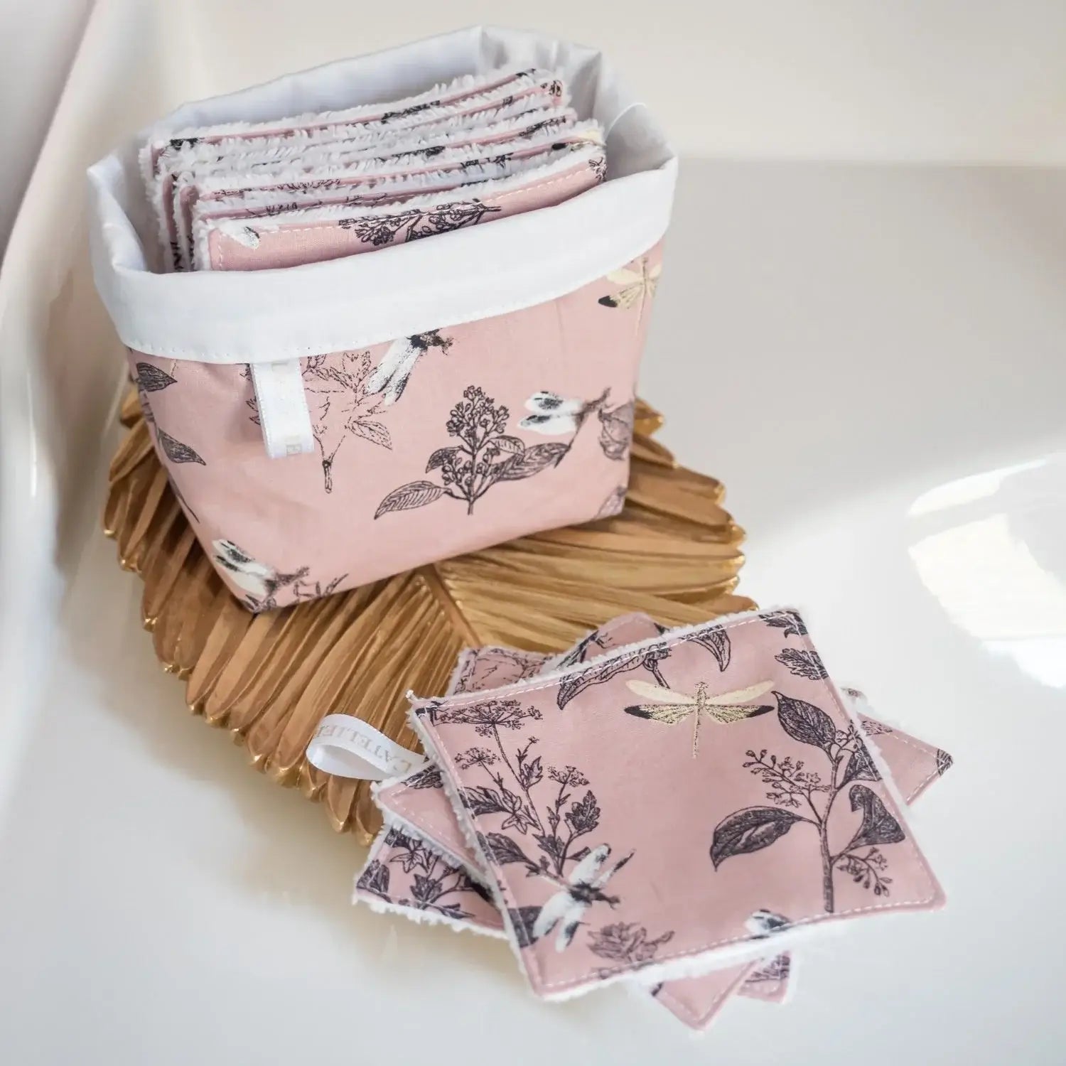 Coton lavable réutilisable en tissu et panier L'Herboriste Rose - L'Atelier de July