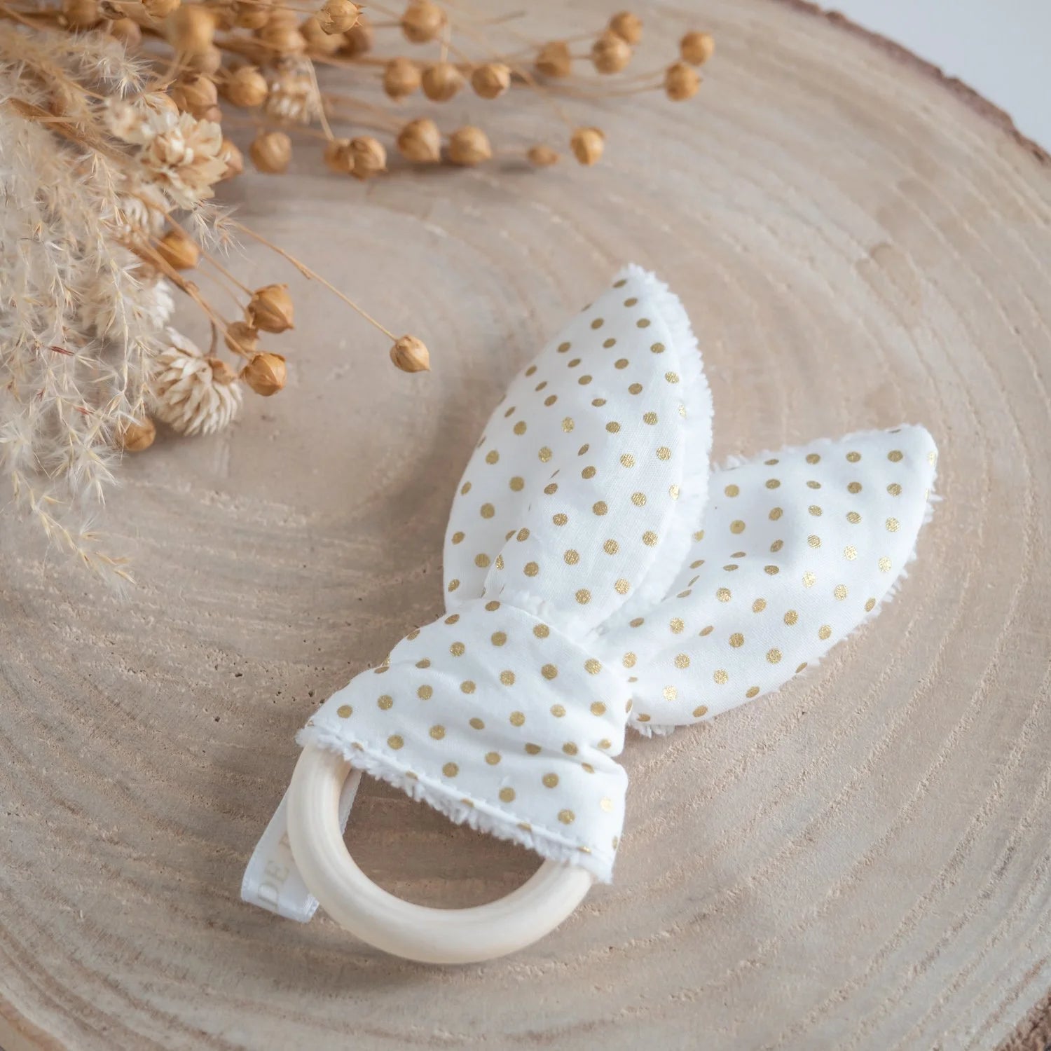 Anneau de dentition Pois Doré pour bébé tissu Bio - L'Atelier de July