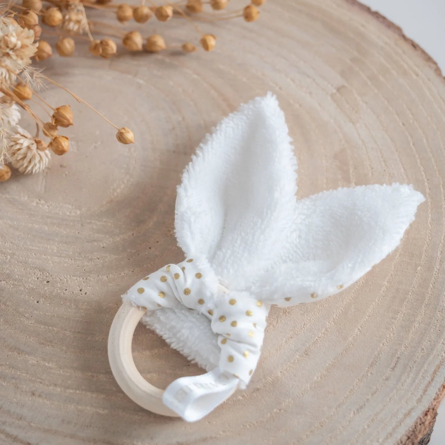 Anneau de dentition Pois Doré pour bébé tissu Bio - L'Atelier de July