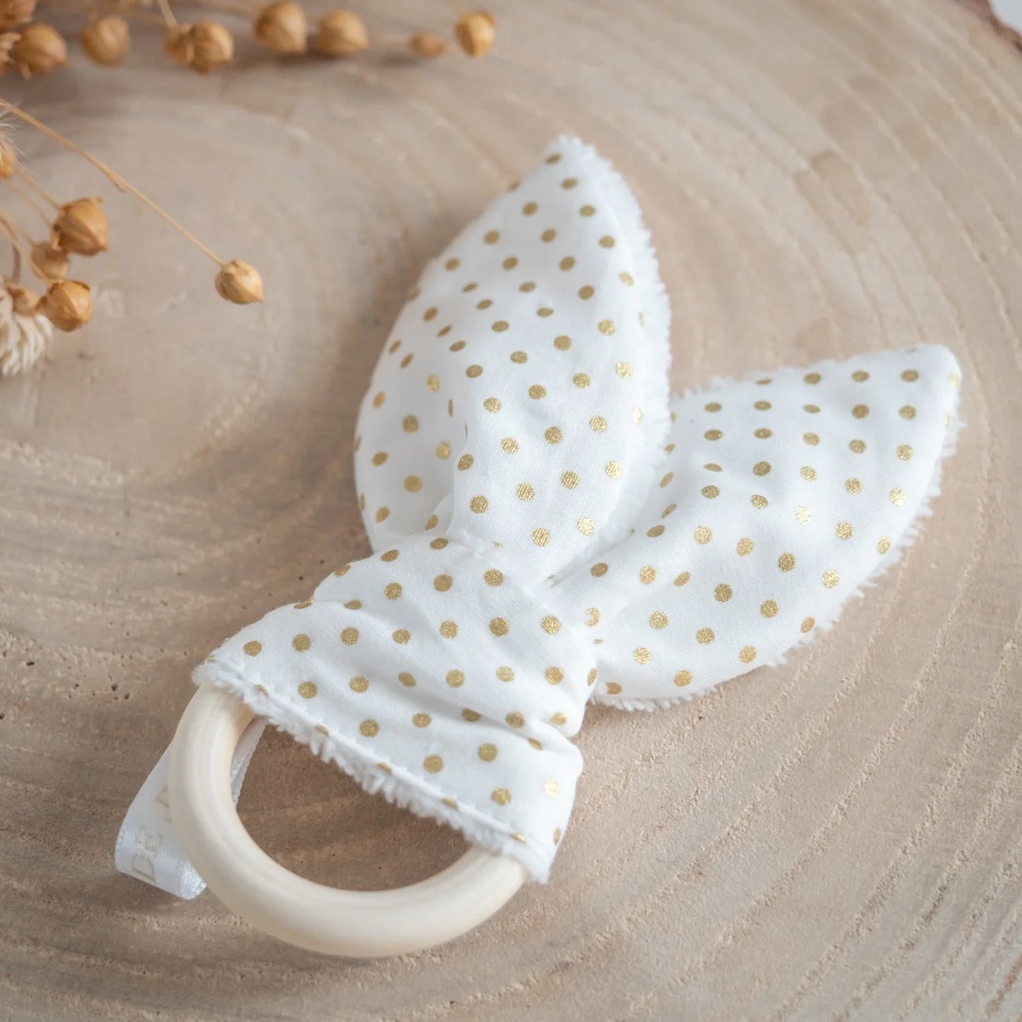 Anneau de dentition Pois Doré pour bébé tissu Bio - L'Atelier de July
