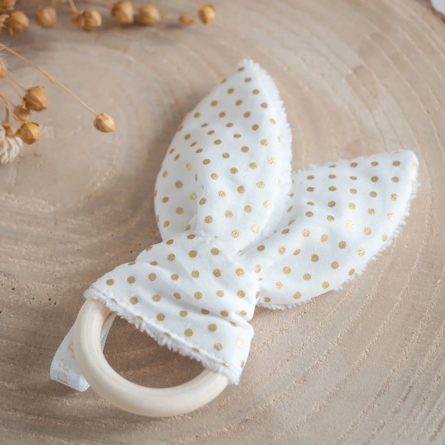 Anneau de dentition Pois Doré pour bébé tissu Bio - L'Atelier de July