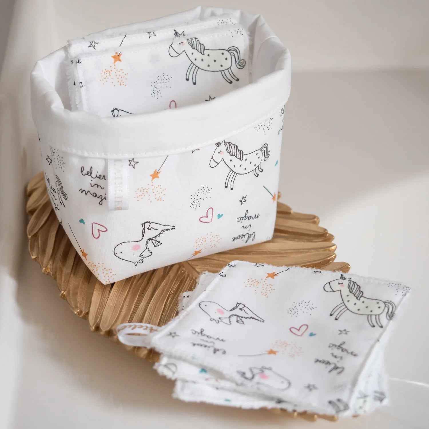 Coton lavable réutilisable en tissu et panier Licornes phosphorescentes - L'Atelier de July