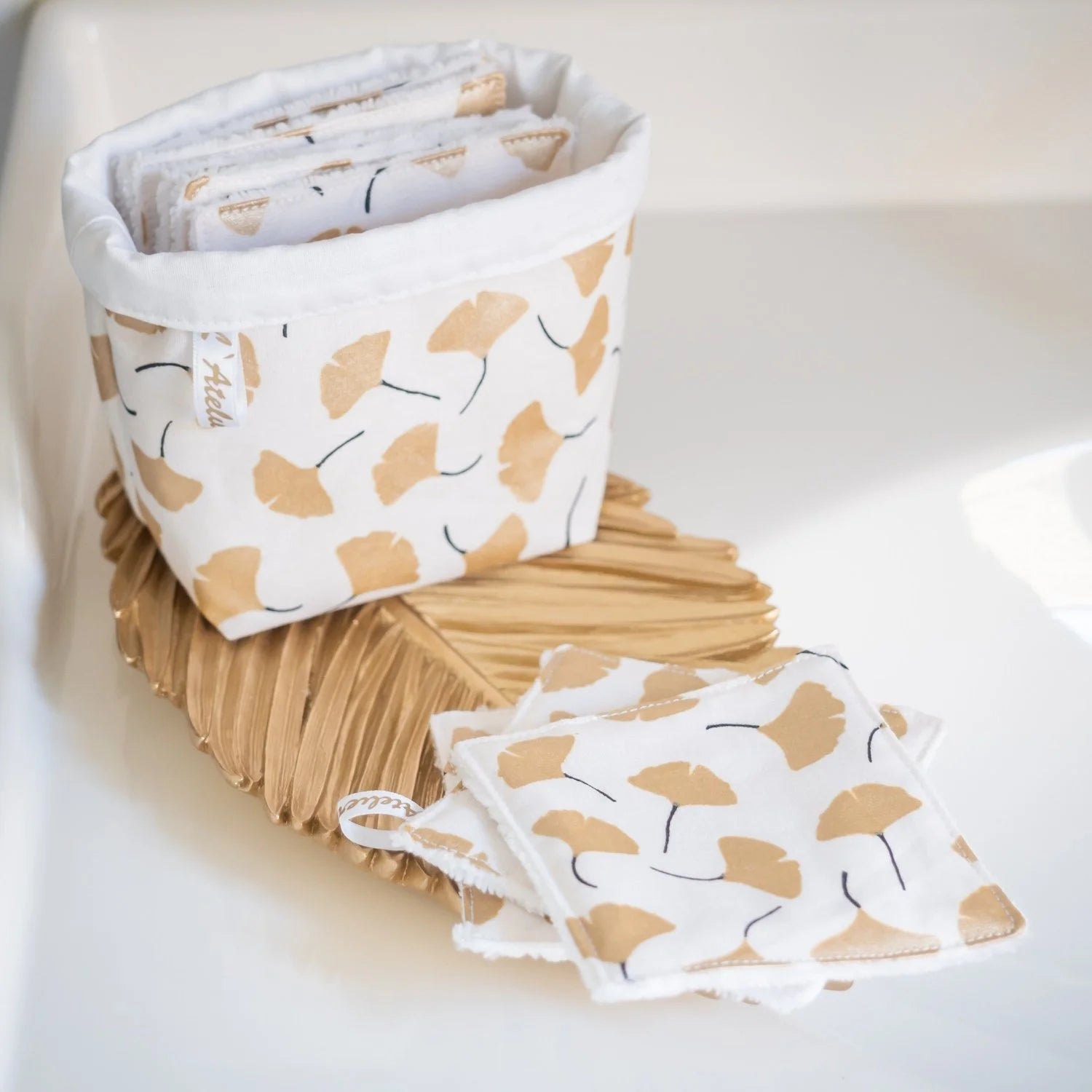 Coton lavable réutilisable en tissu et panier Ginkgo Doré - L'Atelier de July