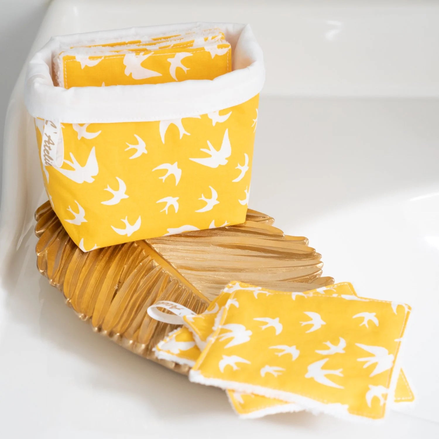 Coton lavable réutilisable en tissu et panier Yellow Birdie - L'Atelier de July