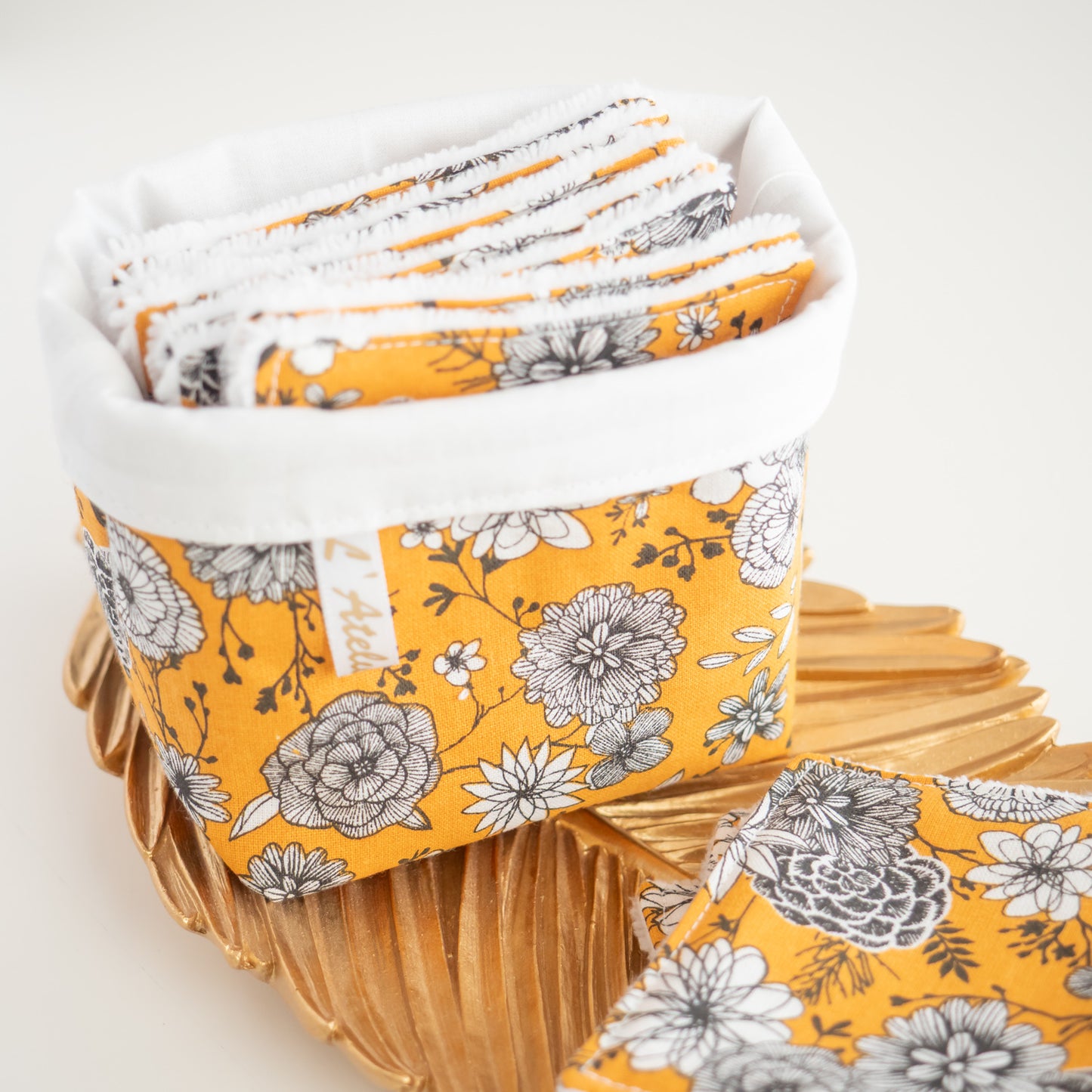 Coton lavable réutilisable en tissu et panier Mustard - L'Atelier de July