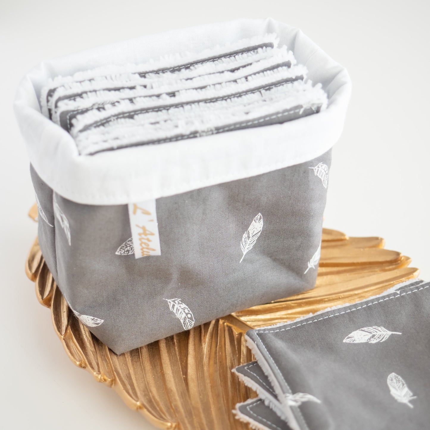 Coton lavable réutilisable en tissu et panier Plume - L'Atelier de July