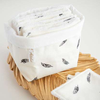 Coton lavable réutilisable en tissu et panier Plume noire - L'Atelier de July