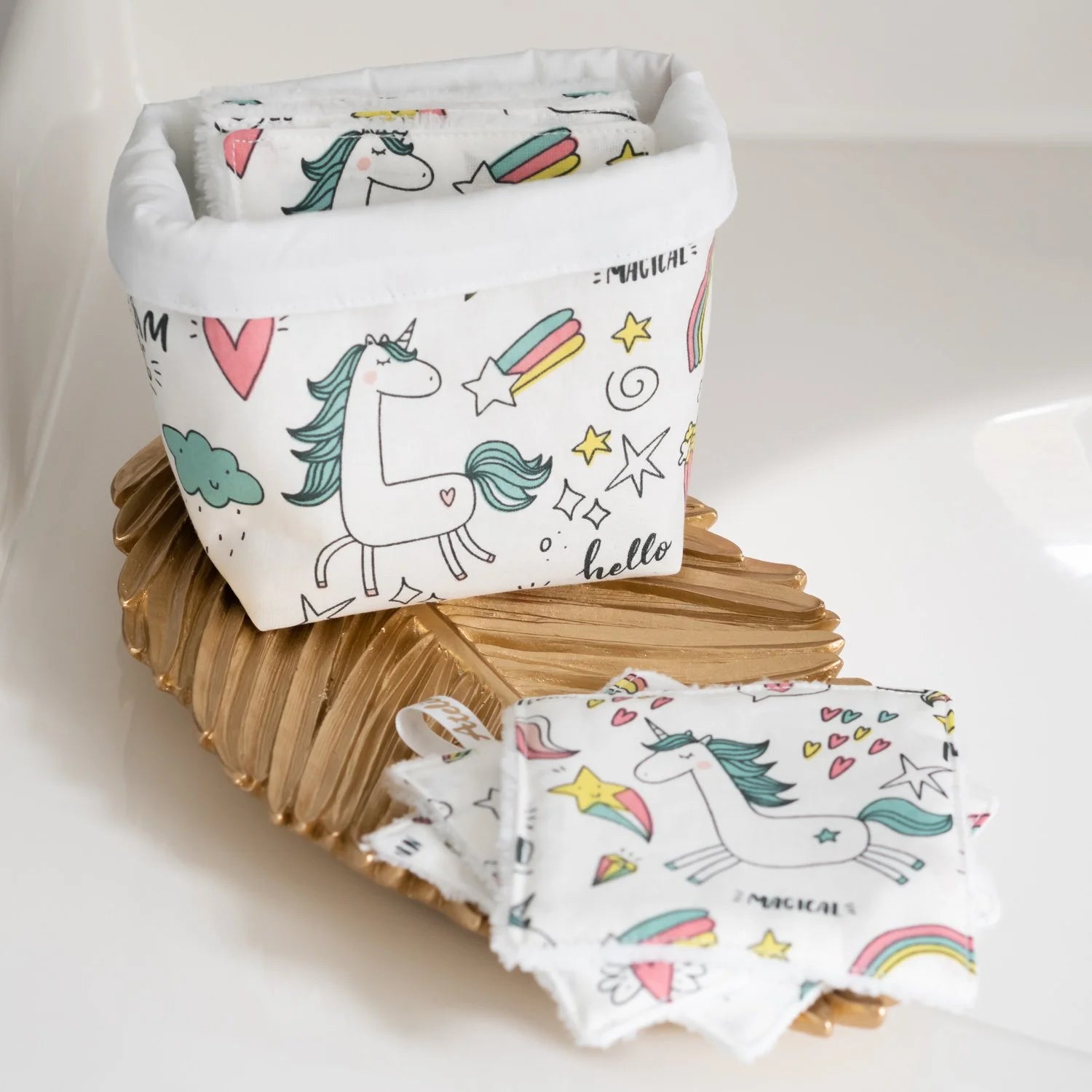 Coton lavable réutilisable en tissu et panier Licorne - L'Atelier de July