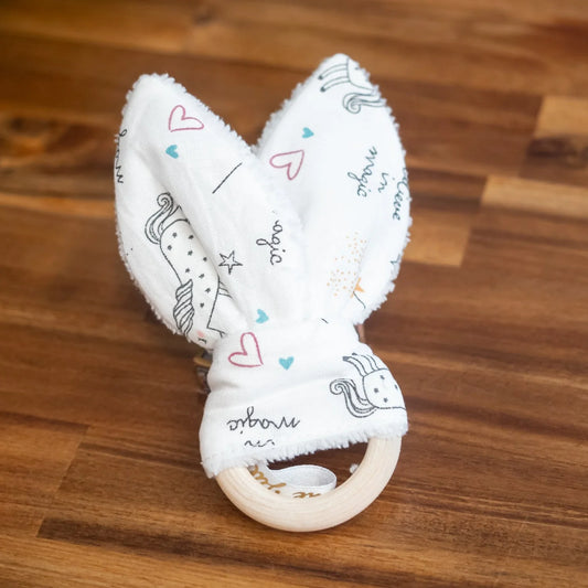 Anneau de dentition Licornes Phosphorescentes pour bébé en tissu Bio et bois - L'Atelier de July