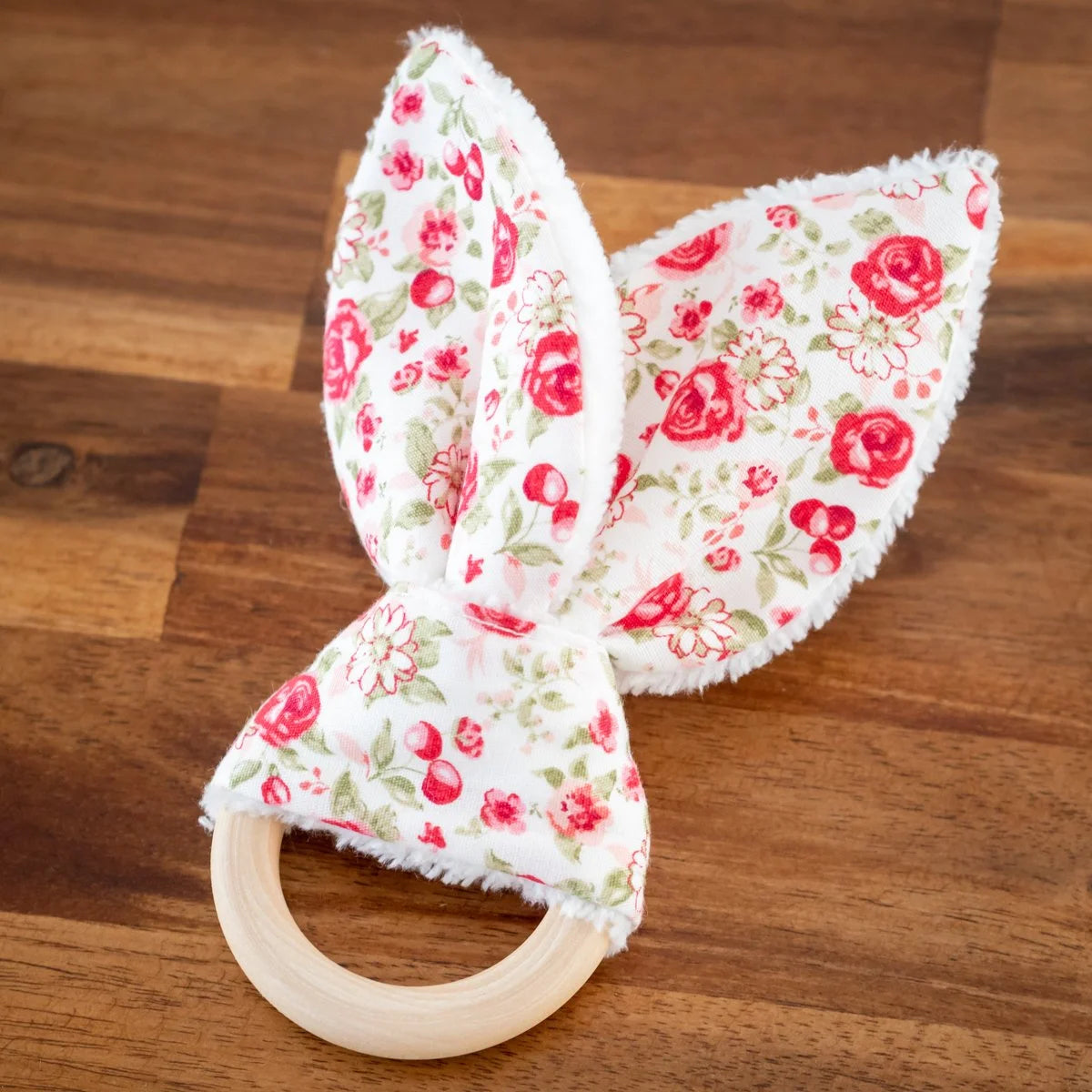 Anneau de dentition Rose Rouge pour bébé tissu Bio